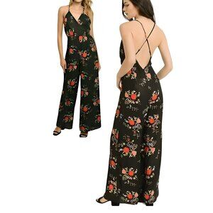 NWT Black Red Gold Floral Flowy Wide Leg Sleeveless Jumper Romper Jumpsuit M